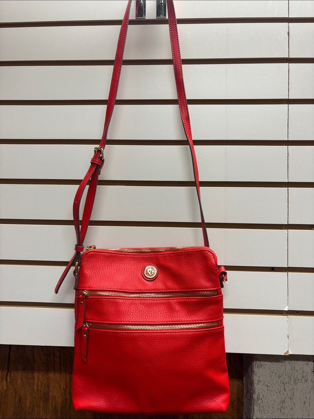 Anne Klein Red Pebbled Crossbody with Gold Logo Accent